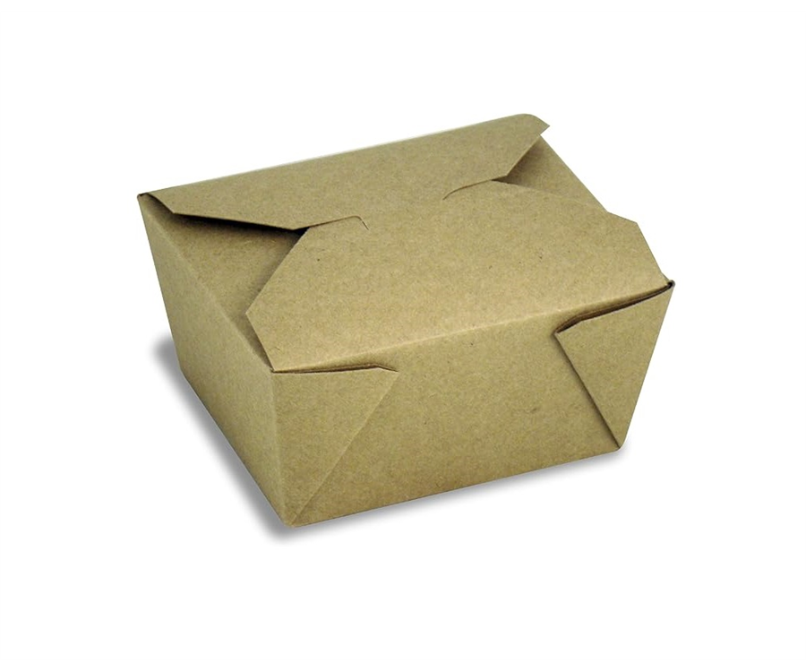 Elevated view of brown Ecosource kraft paper container including flat lid with two vent holes Ecosource Brown Kraft Paper Container (8.75 in. x 6.4375 in. x 3.5 in., 160 Containers/CS)